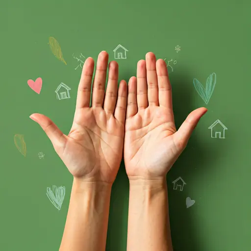 A mixed media image combining a photograph of helpful hands with illustrated community symbols like hearts and houses.