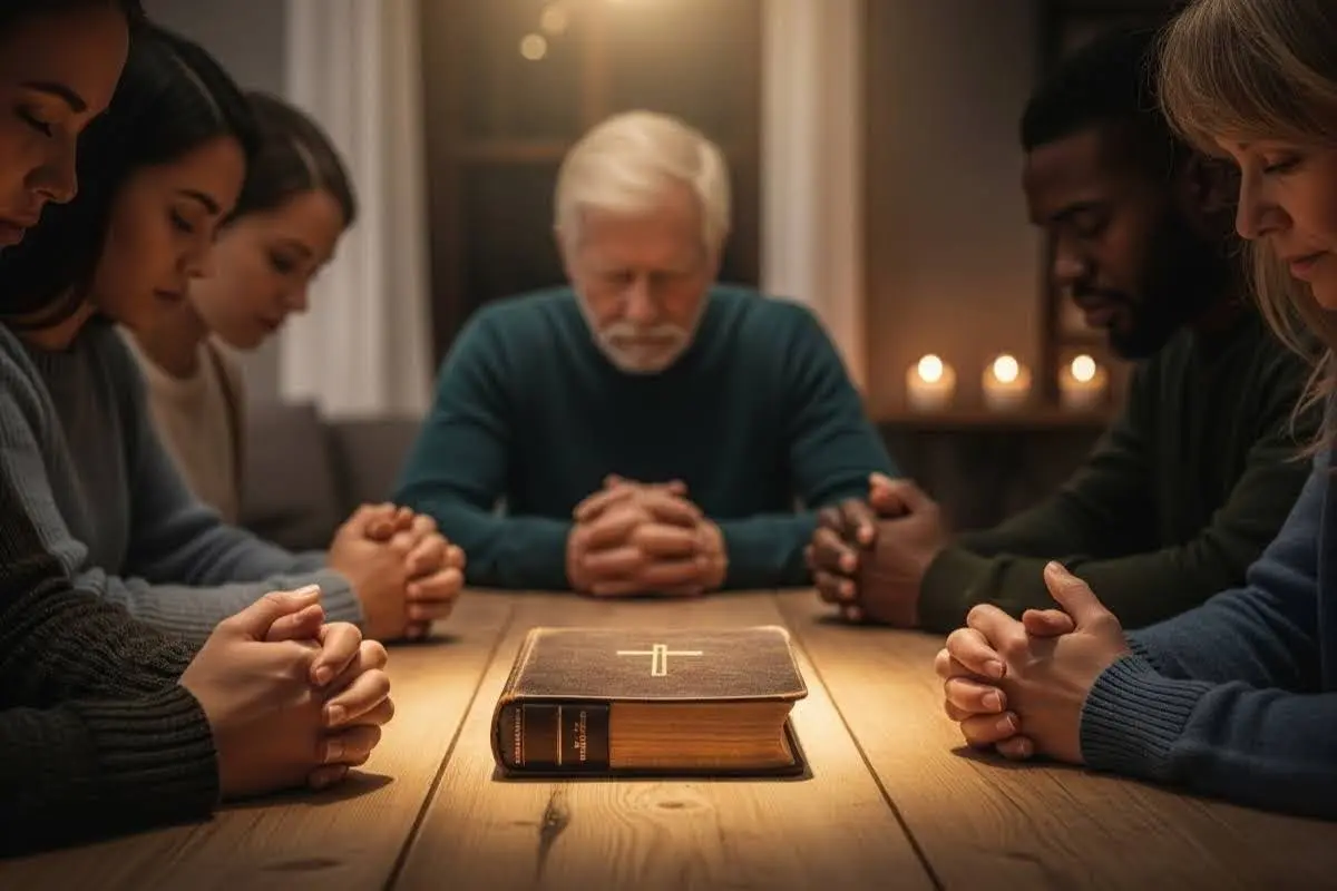 A diverse group of people are seated around a wooden table with their hands folded in prayer. In the center of the table is a leather-bound Bible, illuminated by a warm light.