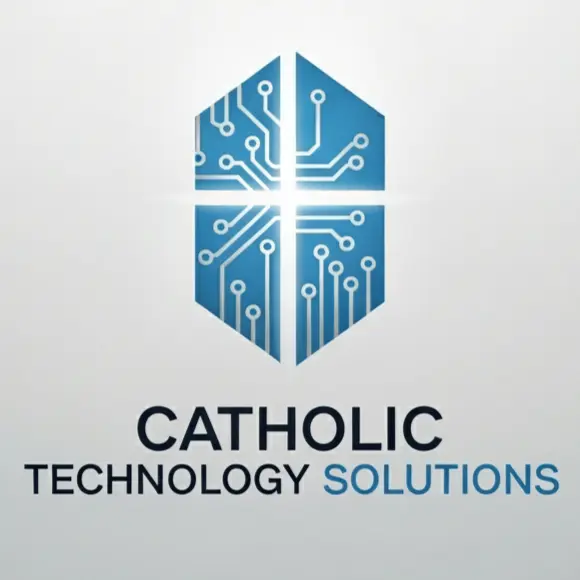 A modern, minimalist logo for 'Catholic Technology Solutions' on a clean, light gray background. The logo features a stylized cross emblem made of four shield-like shapes in blue, with a white circuit board pattern inside. The text 'CATHOLIC TECHNOLOGY SOLUTIONS' is in a clean, dark sans-serif font below the emblem.