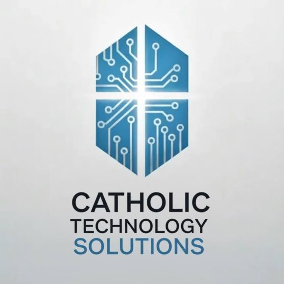 A modern, minimalist logo for 'Catholic Technology Solutions' on a clean, light gray background. The logo features a stylized cross emblem made of four shield-like shapes in blue, with a white circuit board pattern inside. The text 'CATHOLIC TECHNOLOGY SOLUTIONS' is in a clean, dark sans-serif font below the emblem.