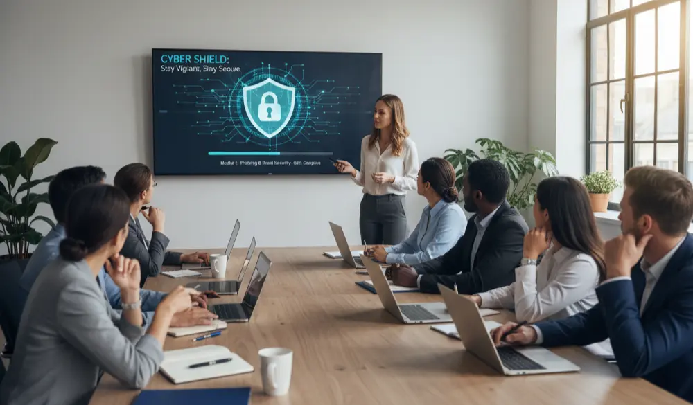 A female presenter stands in front of a large screen displaying a "CYBER SHIELD: Stay Vigilant, Stay Secure" cybersecurity awareness presentation with a lock icon, addressing a diverse group of professionals seated around a long conference table, many with laptops open.